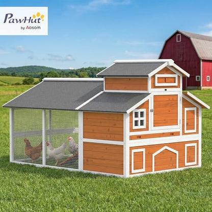 PawHut 79" L Chicken Coop for 6 Chickens Outdoor Wooden Hen House Poultry Cage with Run, 2 Nesting Boxes, Slide-Out Tray, Sliding Rod Door, Roosting Bar, Waterproof Asphalt Roof, Orange