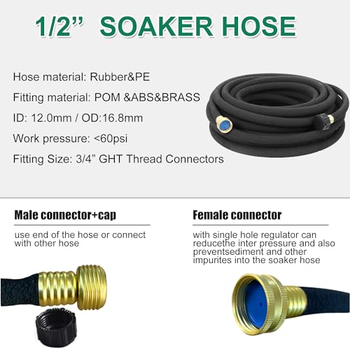 Soaker Hose 1/2" 100ft Rubber Garden Soaker Hoses Kit, Water Seeper Round Drip Hose, Heavy Duty Drip Irrigation Hose For Vegetable, Lawn, Plants and Trees Watering - size: 1/2inch 100ft Brass
