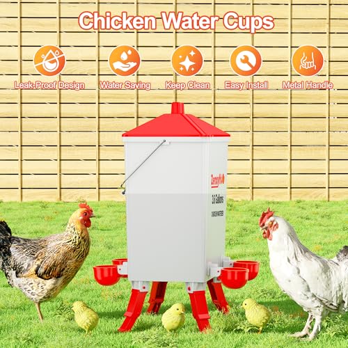 ZenxyHoC 3.6 Gal Chicken Waterer with Anti-Roost Cone, 3 Height Adjustable Locking Legs and 4 Automatic Water Cups for Backyard Flock - style: Waterer with Cups