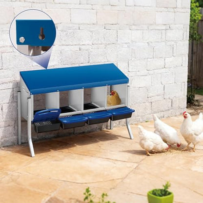 Chicken Nesting Boxes, Heavy-Duty 8-Compartment Metal Chicken Nesting Box – Removable Tray, Ventilation Holes, Easy Egg Collection, Rustproof Galvanized Steel - Blue - 4 - Slot - with Legs - color: Blue, size: 4 - Slot - With Legs