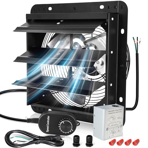 Criditpid 10 Inch Shutter Exhaust Fan with Speed Controller, 647CFM High Speed Vent Fan with Adjustable Thermostat, 1700 RPM Wall Mounted Kitchen Exhaust Fan for Attic, Garage, Gable Ventilation. - color: with Thermostat & Speed Controller, size: 10 Inch