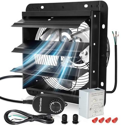 Criditpid 10 Inch Shutter Exhaust Fan with Speed Controller, 647CFM High Speed Vent Fan with Adjustable Thermostat, 1700 RPM Wall Mounted Kitchen Exhaust Fan for Attic, Garage, Gable Ventilation. - color: with Thermostat & Speed Controller, size: 10 Inch