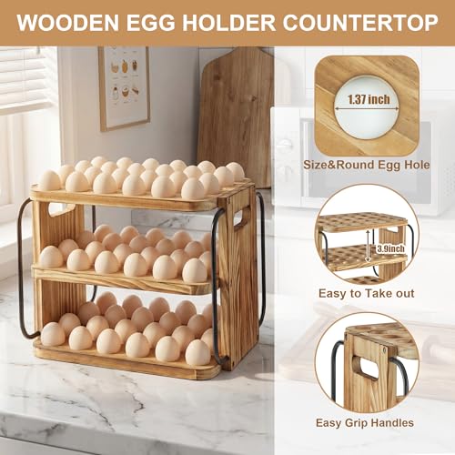 Wood Egg Holder Countertop for Fresh Eggs, Fresh Egg Holder Countertop with Handle, 3 Layer, Stackable with 90 Eggs for Countertop to Store Chicken/Duck/Hand Painted/Easter Egg - color: Pine