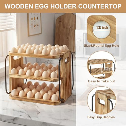 Wood Egg Holder Countertop for Fresh Eggs, Fresh Egg Holder Countertop with Handle, 3 Layer, Stackable with 90 Eggs for Countertop to Store Chicken/Duck/Hand Painted/Easter Egg - color: Pine