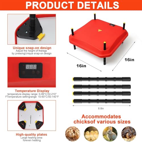 Poultry Heat Lamp for Chicken Coop, 16'' Brooder Plate with Adjustable Height, Safety Indicator, Ideal for Heating 30-40 Chicks in Coop and Brooding Environment