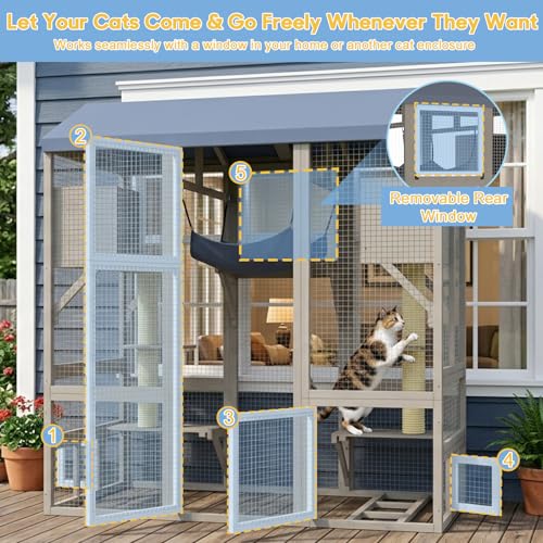 Ketive Catio Outdoor Cat Enclosure Large Walk-in Cat House with Gable Roof, Multi-Level Platforms, Cat Hammock & Litter Box Shelf, Elevated Wooden Cat Shelter for Multiple Cats - size: 61.5"L x 34"W x 66.54"H