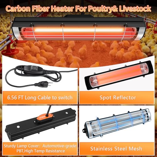 Chicken Coop Heat Lamp, 300W Brooder Heater for Chicks, Carbon Fiber Bulb Heater with 2-Level Temp, 6.6ft Cord UL Passed Adjustable Hanging Height, Livestock Indoor Warmer