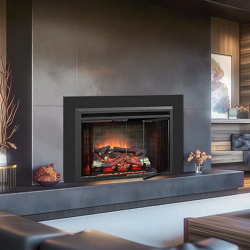 PuraFlame Klaus 33" x 21" Electric Fireplace Insert with Trim Kit, Fire Crackling Sound, Resin Log, Glass Door and Mesh Screen, 750/1500W Heater, Black - size: 33" Low with Trim