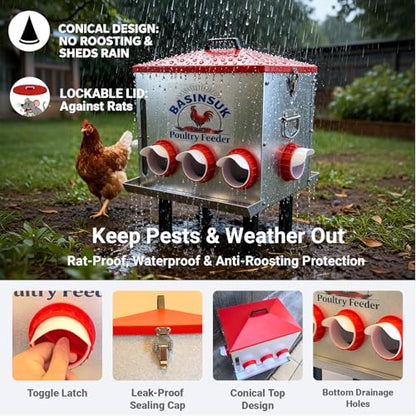 10Gal 55lb Automatic Chicken Feeder, 8 Port No Waste Chicken Feeders Rat-Proof Large Metal Poultry Feeder with Window & Catchment Tray, Adjustable Legs Waterproof Rust-Proof for Coop Outdoors