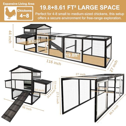 PetsCosset 116" L Large Chicken Coop and Run, Hen House with 4 Nesting Box Boxes, Rabbit Hutch Poultry Bunny Cage for 4-6 Chickens with 4 Perches, Removable Tray and Ramp and UV-Resistant Roof Panel - color: Black White