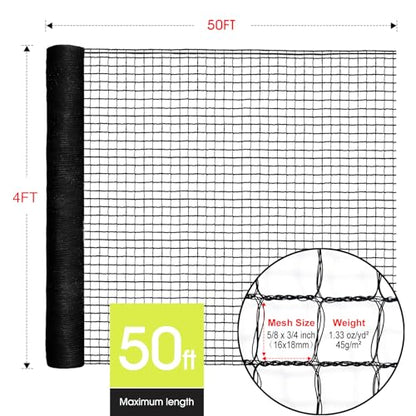 Deer Fence, RIFNY 4 x 50 FT Temporary Fence for Garden Outdoor Yard, Plastic Mesh Fencing Netting to Protect Plants Fruit from Deer Dogs Chicken Animal (Black) - size: 4 x 50 FT