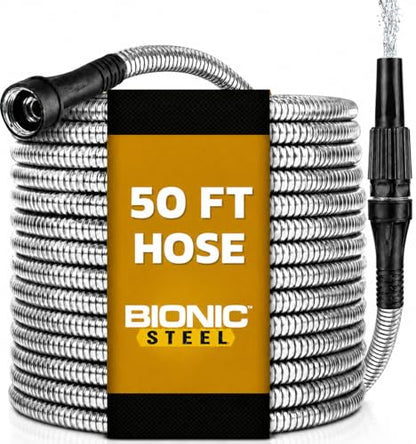 BIONIC STEEL 50 Ft Metal Garden Hose with Sprayer Nozzle, Non Kinking Designed Stainless Steel Heavy Duty Water Hose 50Ft x 5/8 in. Ultra Flexible NON Expandable for Uninterrupted Water Flow, 500 PSI - size: 50'