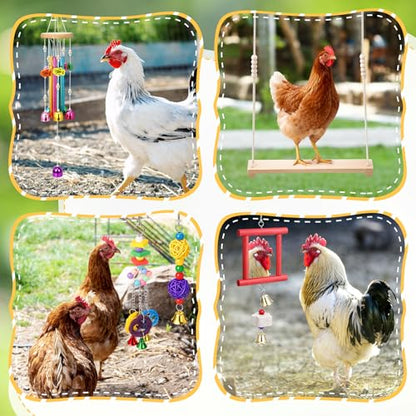 Soulchen 6 Pieces Chicken Toys for Coop Chicken Wind Chime Enrichment Toys Kits Chick Mirror with Bells Swing Hanging Chick Rattan Ball Loofah Bell for Coop Hens Chicks Poultry Birds Parrots - style: Chick Rattan Ball Loofah Bell