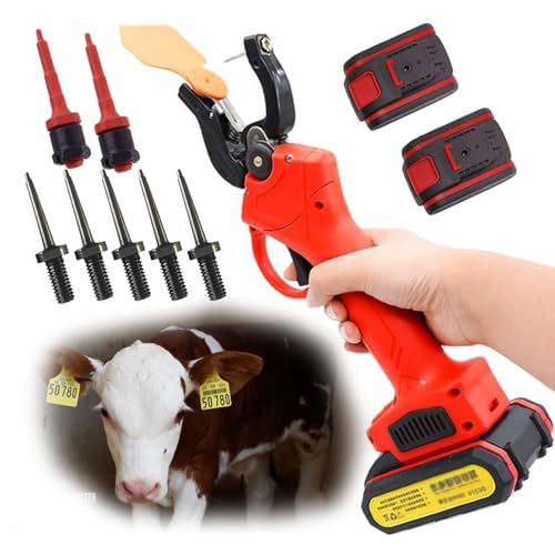 Electric Livestock Ear Tag Applicator Universal Livestock Ear Tag Pliers Cordless Cattle Ear Tagger for Rapid Marking of Pigs, Cattle & Sheep Installation Tools,Red - color: Red