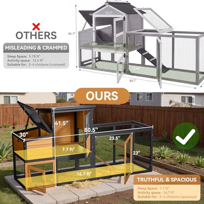 PETSFIT Wooden Chicken Coop for 2-4 Chickens, Backyard Coop with Run, 2 Nesting Boxes and 2 Roost Bars,PVC Windows, Easy-Clean 3-Door Access,Weather-Resistant PVC Roof, 6 Ground Stakes - color: Brown