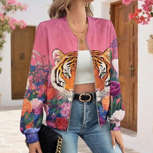Vintage Fall/Winter Casual Animal Print Graphic Coat Women's Basic Crew Neck Long Sleeve Fashion Bomber Jacket