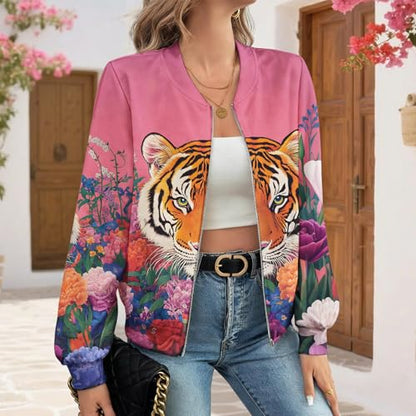 Vintage Fall/Winter Casual Animal Print Graphic Coat Women's Basic Crew Neck Long Sleeve Fashion Bomber Jacket