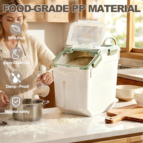 RUIAN 2Pcs Large Flour Storage Container Bin 50Lb Airtight Rice Storage Containers with Wheels Seal Locking Lid, BPA Free with Measuring Cup&Scoop for Flour, Rice, Grain 100LBS Total (Green) - color: Green2Pack 50Lb