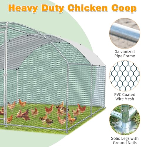 VINGLI Large Metal Chicken Coop, 13.1x9.8 6.5 ft Poultry Cage for Chicken Run, Walk-in Chicken Pen with Waterproof & Anti-UV Cover for Yard Outdoor (Silver-Dome Roof)