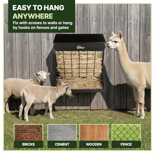 Wall Mount Hay Rack And Hay Feeder For Goats Sheep And Horses, Covered Galvanized Steel Goat Hay Feeder With Hinged Roof, 25 Gallon 2-In-1 No Waste Hanging Holder Grain Bin with hook For Cattle - color: Black
