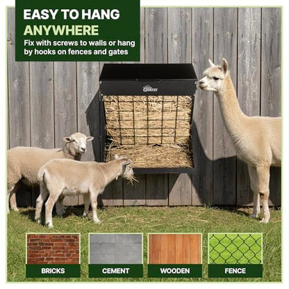 Wall Mount Hay Rack And Hay Feeder For Goats Sheep And Horses, Covered Galvanized Steel Goat Hay Feeder With Hinged Roof, 25 Gallon 2-In-1 No Waste Hanging Holder Grain Bin with hook For Cattle - color: Black