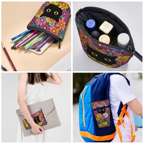 Black Cat Flower Girls Boys Standing Pencil Case Kids Kids Telescopic Stationary Pouch with Zipper Large Capacity Stand up Pen Bag Portable Makeup Holder for Children School Students Office Supplies - color: Black Cat