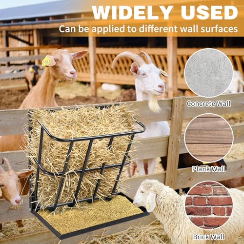 Large Capacity 2-in-1 Hay Feeder with Detachable Grain Tray, Heavy Duty Steel, Wall-Mounted Rack for Goat, Sheep, Horse Livestock, Black
