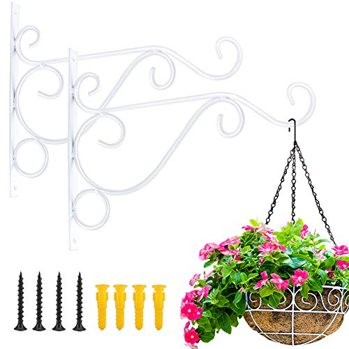 KABB Hanging Plant Bracket, 2 Pcs 10 Inch Iron Decorative Wall Planter Hanger Hooks for Hanging Plants Flower Baskets Wind Chimes Bird Feeders, Indoor Outdoor Rustic Home Decor, White - color: White