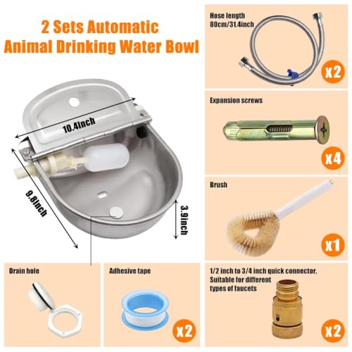 Automatic Animal Watering Bowl 304 Stainless Steel with Float Valve & Drainage Hole – Wall Mount Livestock Waterer for Dogs, Horses, Goats, Pigs, Chickens, Includes 39" Hose, 3/4" Adaptor