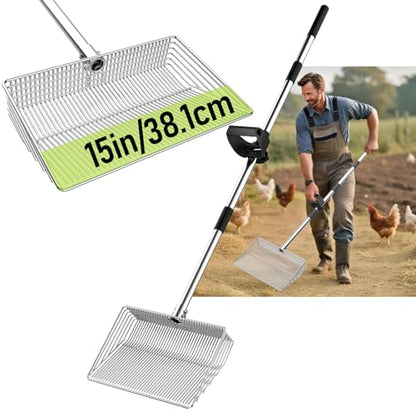 15-inch Metal Extra Large Chicken Poop Scooper, Heavy Duty Chicken Coop Scoop with 36" to 61" Adjustable Stainless Steel Long Handle, Litter Sifting Shovel for Chicken Coop Cleaning