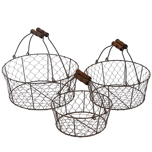 Set of 3 Wire Basket with Wooden Handles - Vintage Style - By Trademark Innovations