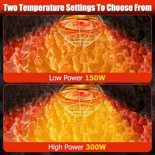 Chicken Coop Heater, 300W Heat Lamp for Chickens, Dual Temperature, Carbon Fiber Heating Coil, with Spare Heating Coil, Aluminum Alloy Shade & 6.6' Hanging Chain, Chicken Heat Lamp for Winter