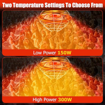 Chicken Coop Heater, 300W Heat Lamp for Chickens, Dual Temperature, Carbon Fiber Heating Coil, with Spare Heating Coil, Aluminum Alloy Shade & 6.6' Hanging Chain, Chicken Heat Lamp for Winter