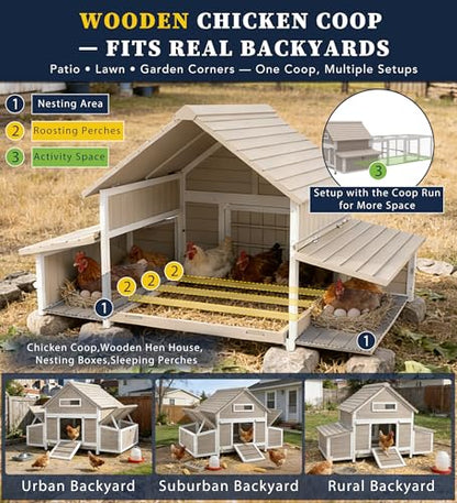 Gowoodhut Outdoor Chicken Coop Wooden Hen House for 2–4 Chickens Backyard Weatherproof Poultry Cage with Raised Floor, 6 Nesting Boxes, 3 Perches & Easy-Clean Removable Tray - size: 61.1"L x 33.5"W x 40.2"H