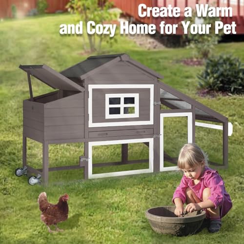 Chicken Coop with Wheels, Mobile Outdoor Chicken House with Leakproof Pull-on Tray, Nesting Box, Waterproof Roof - Brown - color: Brown