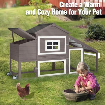 Chicken Coop with Wheels, Mobile Outdoor Chicken House with Leakproof Pull-on Tray, Nesting Box, Waterproof Roof - Brown - color: Brown