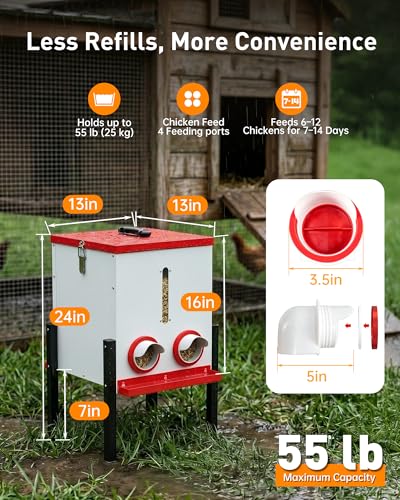 55LB Automatic Chicken Feeder, 40L Metal No Waste Poultry Feeder with Rat-Proof Design, 4 Feeding Ports, Weatherproof Locking Lid, Height-Adjustable Legs for Chickens, Ducks and Geese