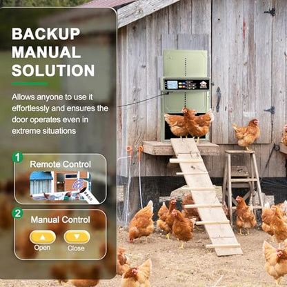 Automatic Chicken Coop Door Solar Powered with Timer, Light Sensor, Remote Control, LCD Display, Green