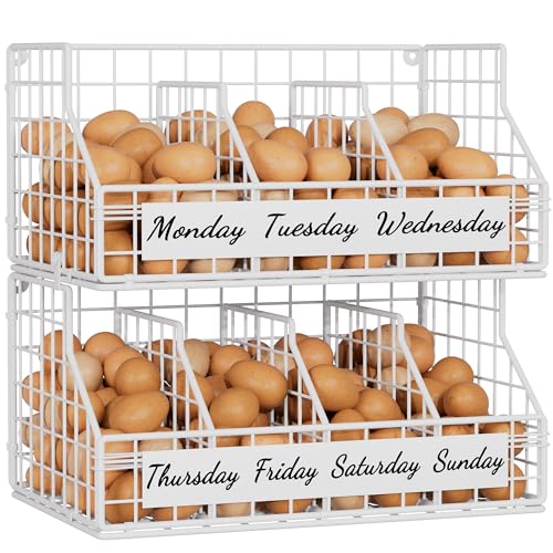 Egg Holder Countertop with 5 Dividers & Labels, 2 Tier Stackable Chicken Egg Baskets for Gathering Fresh Eggs, Egg Organizer for Countertop/Wall-Mounted, White - color: White, size: 2-Tier（with printed labels）