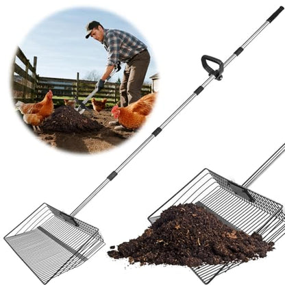 15-inch Large Chicken Poop Scooper with Ergonomic Grip, 5 in 1 Adjustable Chicken Coop Pooper Shovel, Sifting Litter Shovel Scoop for Dog Coop/cowshed‌/Sheep Pen/Pigsty/Stable Cleaning/‌Feed hay - size: 15inch Width