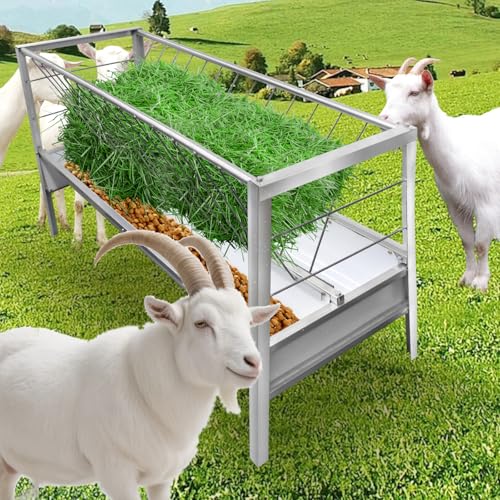 90 Gallon Goat Hay Feeder No Waste, 2 in 1 Hay Feeder for Goats with 30-GAL Feed Pan & 60-GAL Hay Rack, Livestock Hay Feeder for Feeding Goat, Sheep, Horse, Indoor & Outdoor(Galvanized Steel) - style: Galvanized Steel