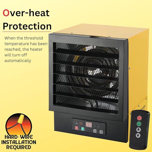 Dura Heat 240 Volt Hard-Wired Garage Heater, Remote, 10,000 Watt - EWH9615 | NO PLUG Hardwired Install Required, 2 Power Setting, Steel Body, Heat up to 1,200 sq ft, Thermostat, Wall & Ceiling Mount