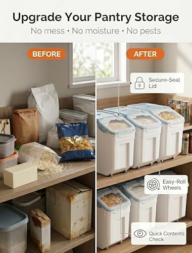 Roadoor Airtight Food Storage Container, 55 lb Flour Storage Bin with Silicone Seal Locking Lid and Wheels, Large Rice Storage Container with Measuring Cup, Pantry Dry Food Pet Food Storage (Blue)