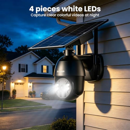 SOLIOM 4G LTE Security Camera, Solar Wireless Cellular Security Camera, 360° Pan Tilt View with Spotlight, 1080P Night Vision, 2-Way Talk, PIR Motion Sensor, No WiFi, Black - color: Black