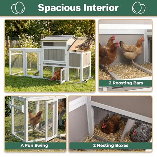Mobile Chicken Coop with Wheels, Weatherproof Large Hen House Chicken Tractor with Nesting Box, Roosting Bars, Pull-Out Tray, Asphalt Roof & Fun Swing for Chickens Quails, Backyard Use