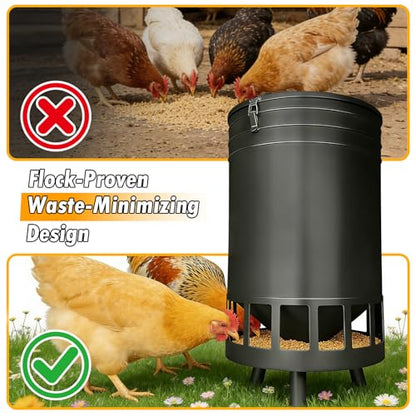 50LB Large Capacity No-Waste Chicken Feeder - Automatic Gravity Dispenser with 16 Feeding Ports, Spill-Control Design, Rust-Proof Powder Coated Metal Poultry Feeder for Coop & Outdoors