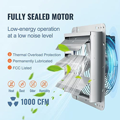 VEVOR 12'' Shutter Exhaust Fan, High-speed 1000 CFM, Aluminum Wall Mount Attic Fan with AC-motor, Ventilation and Cooling for Greenhouses, Garages, Sheds, Shops, FCC - size: 12 Inch