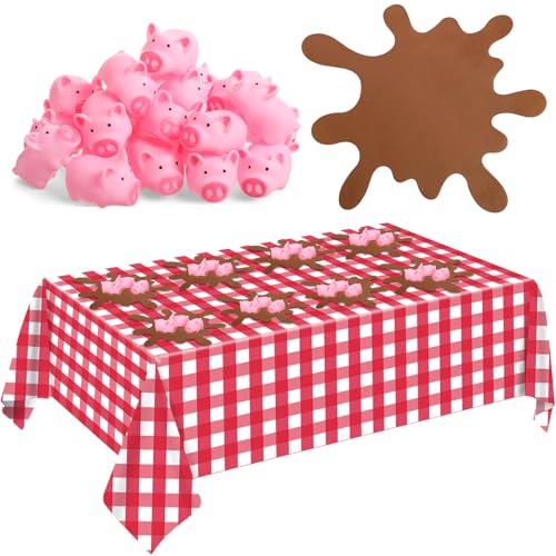 FoldTier 33 Pcs Red Pig Birthday Party Supplies Includes Mini Rubber Pink Pig Muddy Puddle Placemat Plastic Disposable Checkered Tablecloth for Adults Piggy Theme Party Decorations - color: Red
