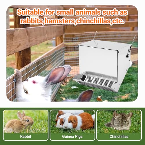 Rabbit Feeders Automatic for Cages,3.5 Pound Metal Trough Feeder with Water Bottle Galvanized Steel Outdoor Bunny Food Dispenser for Rabbits Chicken Guinea Pig Pet and Other Small Animals