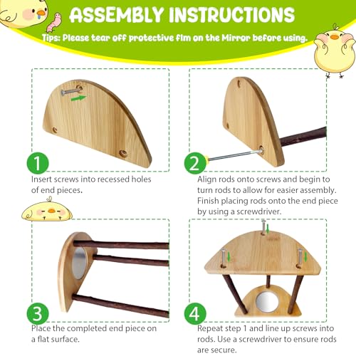 Mini Chick Perch with Mirror, Natural Willow Wood Roosting Bar for Coop&Brooder, Anti-Slip Training Perch for Baby Chicks, El Pollitos, La Pollita, Easy to Assemble&Clean, Fun Toys for Chick